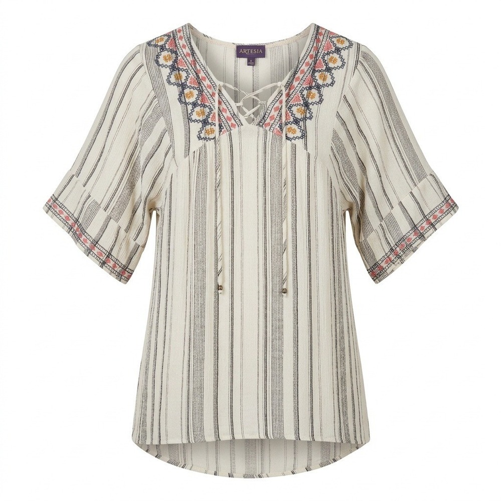 Artesia Embroidered Boho Stripe Tunic Dress Cream Small Lace Up V-Neck Rayon